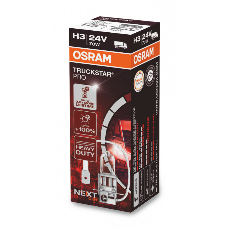 Potente rendimiento para vehículos pesados con OSRAM TRUCKSTAR PRO NextGen +120% PK22s 24V 70W H3 💡
