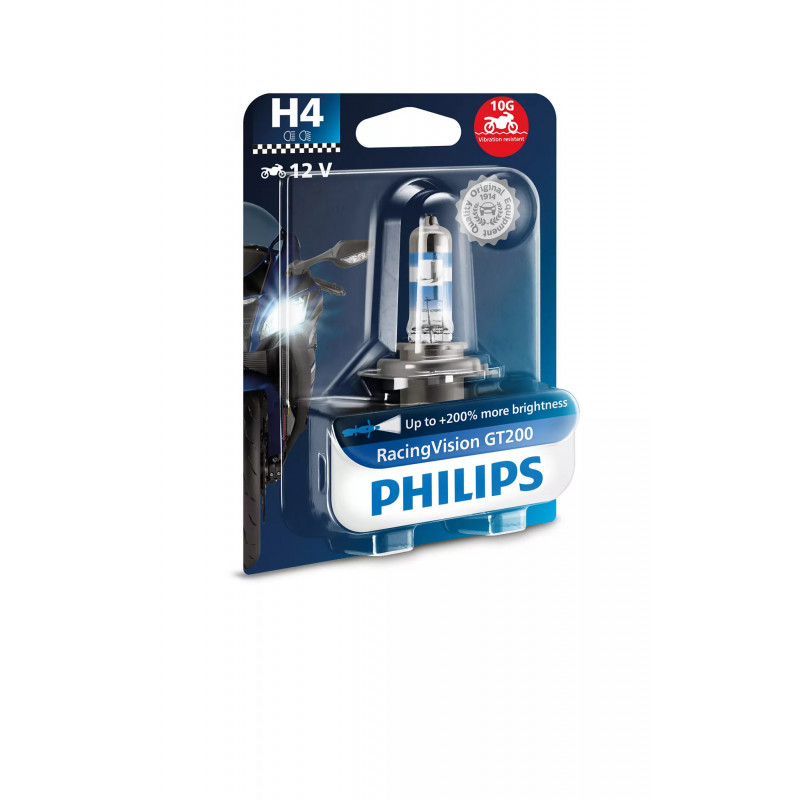 Potente rendimiento para tu moto 🏍️ Philips H4 12V 60/55W RacingVision GT200 Moto (x1)